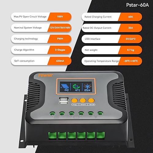 Miniatura 4 de Controlador de cargador solar de 60 A, 12 V, 24 V, 36 V, 48 V, auto, panel solar, regulador de carga, parámetro, pantalla LCD ajustable con