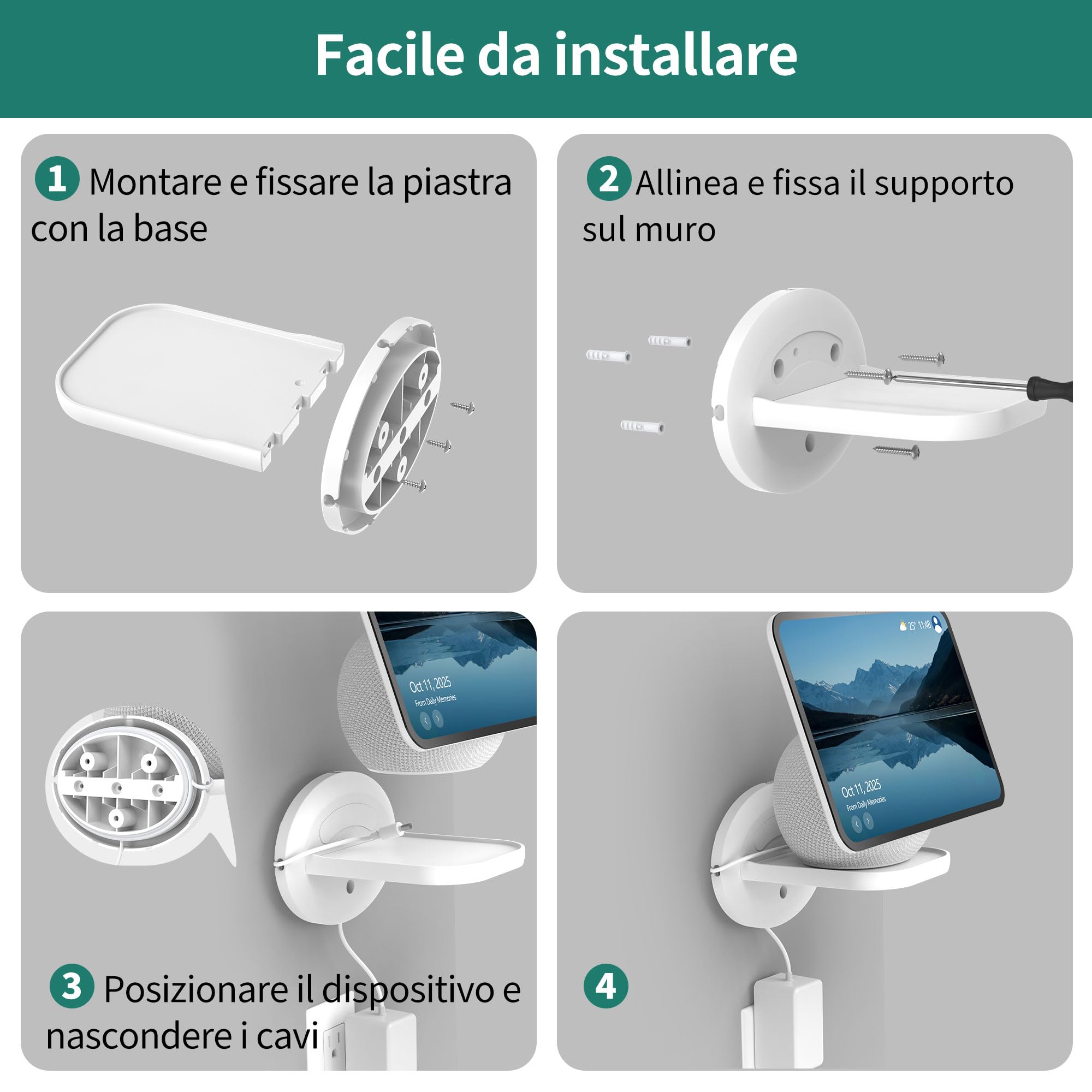 HomeMount Supporto da Parete per Show 11 e Dot Max, Supporto Universale per HomePod Mini, Google Nest Mini, Nest Wi-Fi Point & Cam – Salvaspazio con Gestione Cavi Integrata (Bianco - 1P)