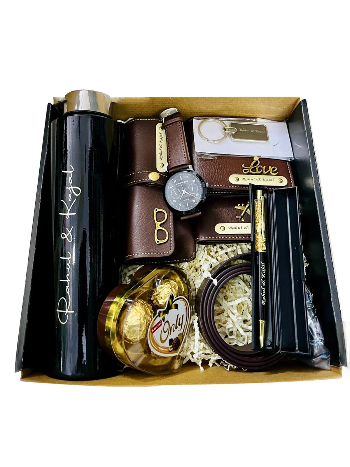 Customized Men's Gift Combo – Name Engraved Steel Bottle, Leather Wallet, Belt, Watch, Keychain, Sunglasses Cover, Passport Holder, Chocolate, Greeting Card – Ideal for Husband, Brother, Boyfriend-image-24