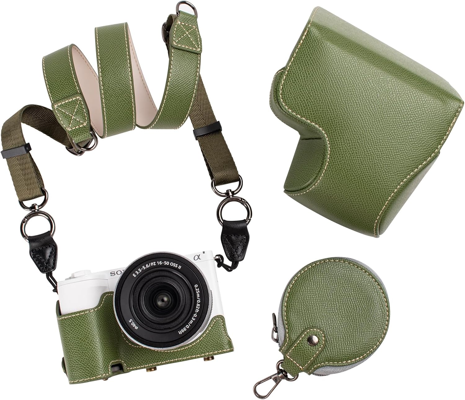 MUZIRI KINOKOO Camera Case for Sony ZV-E10 II, PU Leather Protective Case for Sony Alpha ZV-E10 II/ZVE10 II Camera with 16-50mm Lens - Removable Case with Shoulder Strap & Storage Pocket -Green