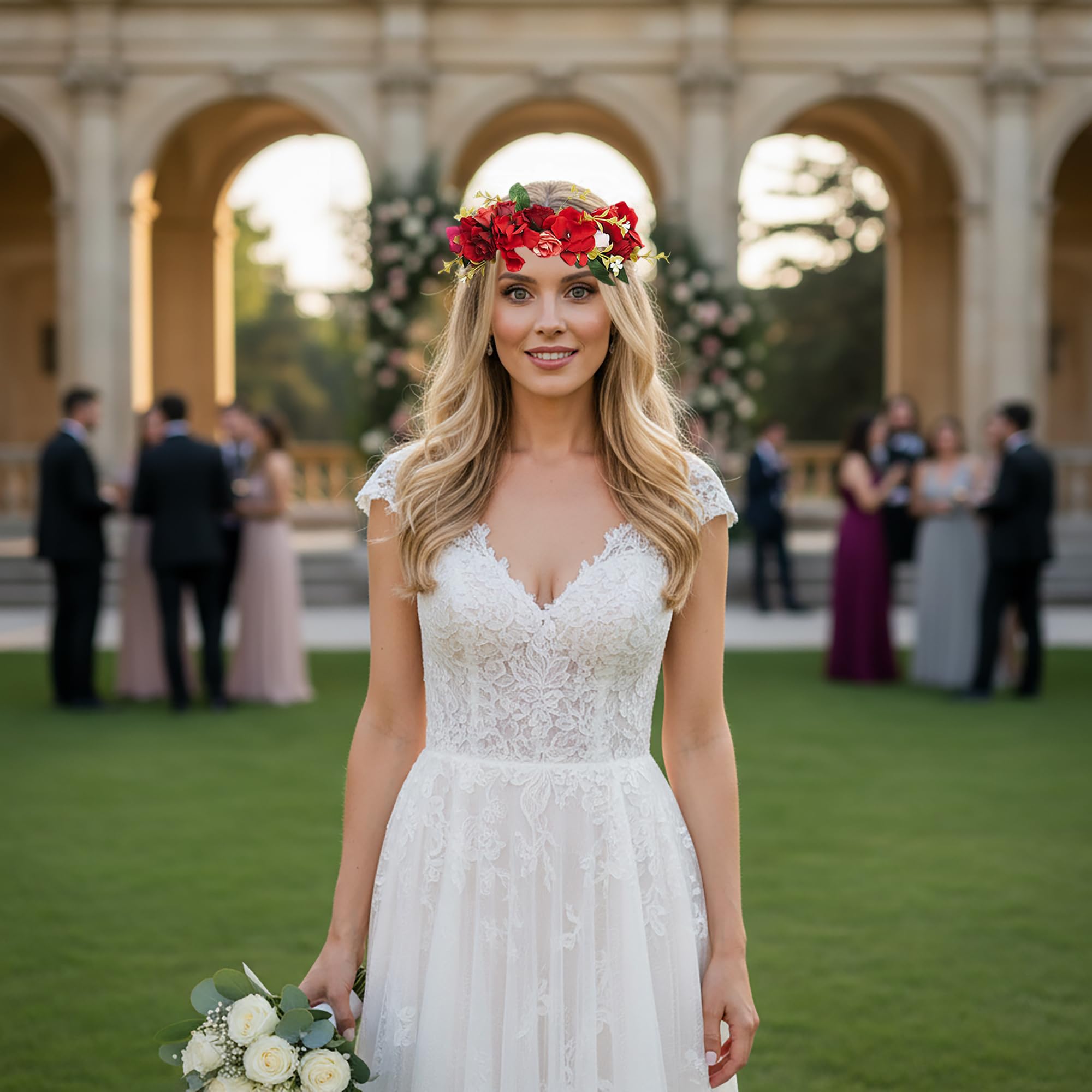 Blumengirlande Stirnband Rose Blumenkrone Haarkranz Floral Halo Kopfschmuck Boho mit Band Hochzeit Party Fotos Rot