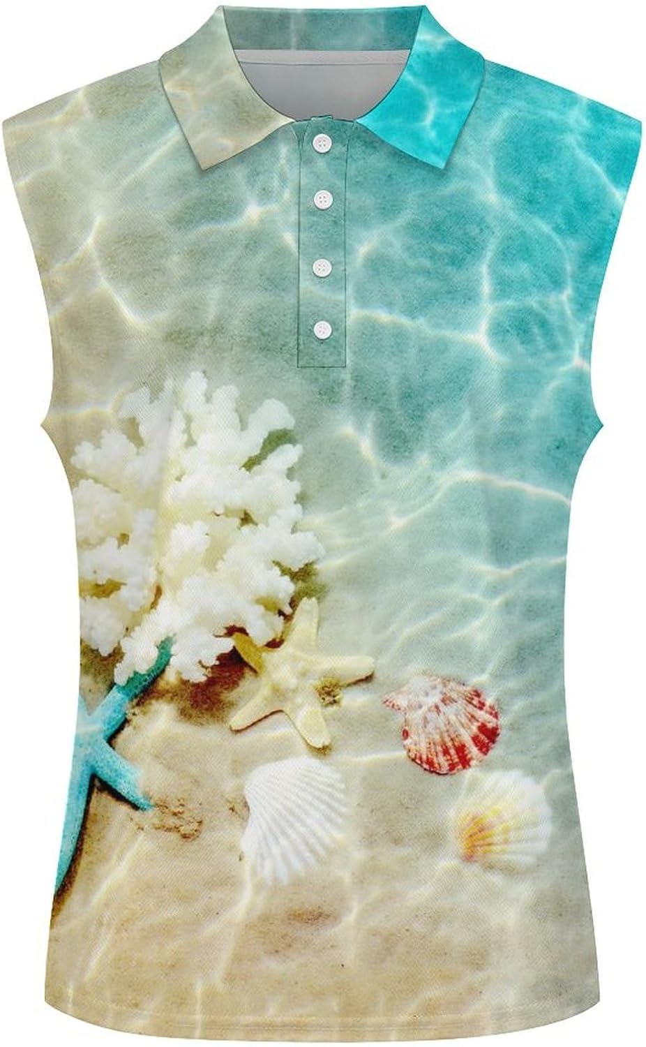 Starfish Coral and Seashell on Beach Women's Golf Shirt Sleeveless Polo Shirts Tank Tops Blouses Tennis T-Shirts Casual