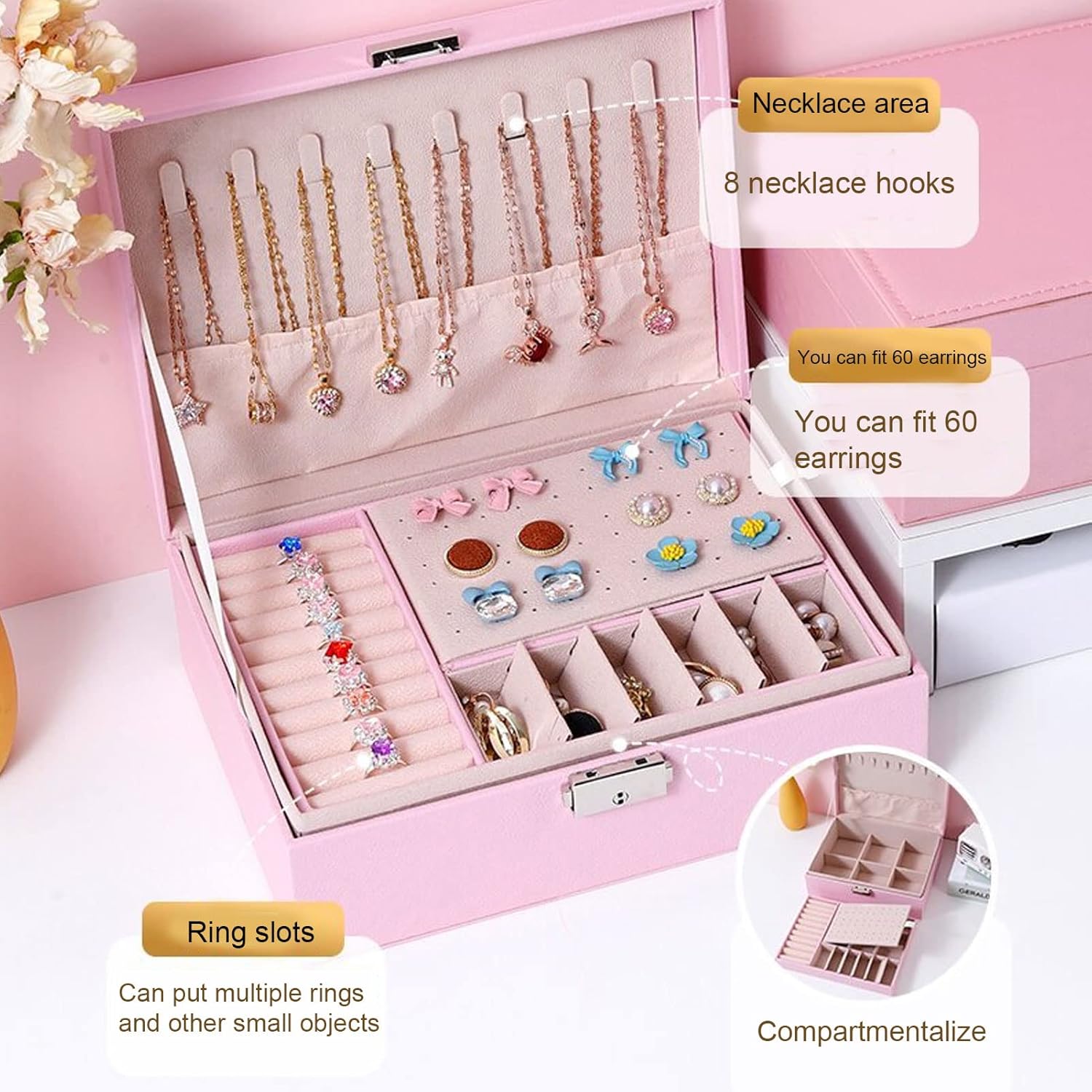 Large Jewelry Storage Box for Women Girls Double Layers Detachable Partition PU Jewelry Display Case for Necklace Ring