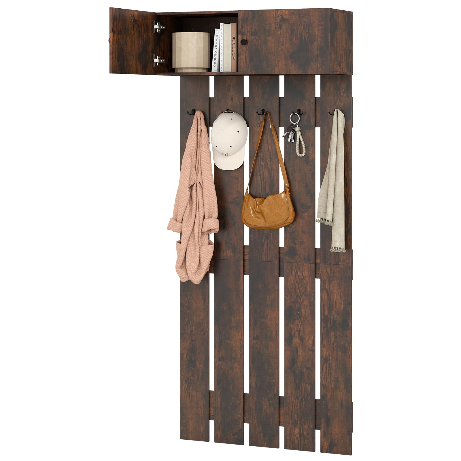 HOMASIS Recibidor Perchero de Pared, Mueble de Entrada con 5 Ganchos, Armario para Ropa con 2 Puertas, Organizador de Almacenaje para Habitación, Pasillo, 90x33x210cm (Café)