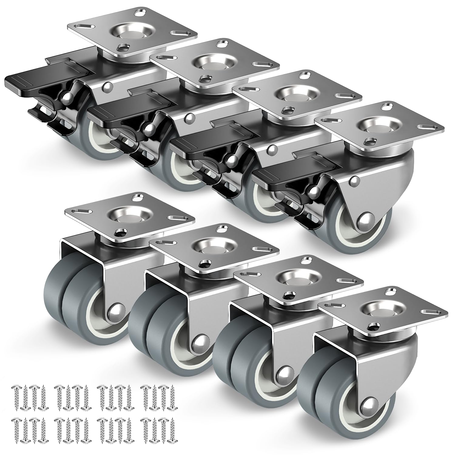 2 inch Swivel Caster Wheels Set of 8 Heavy Duty Casters for Furniture No Noise TPR Wheels with Screws Total Capacity 1760 lbs