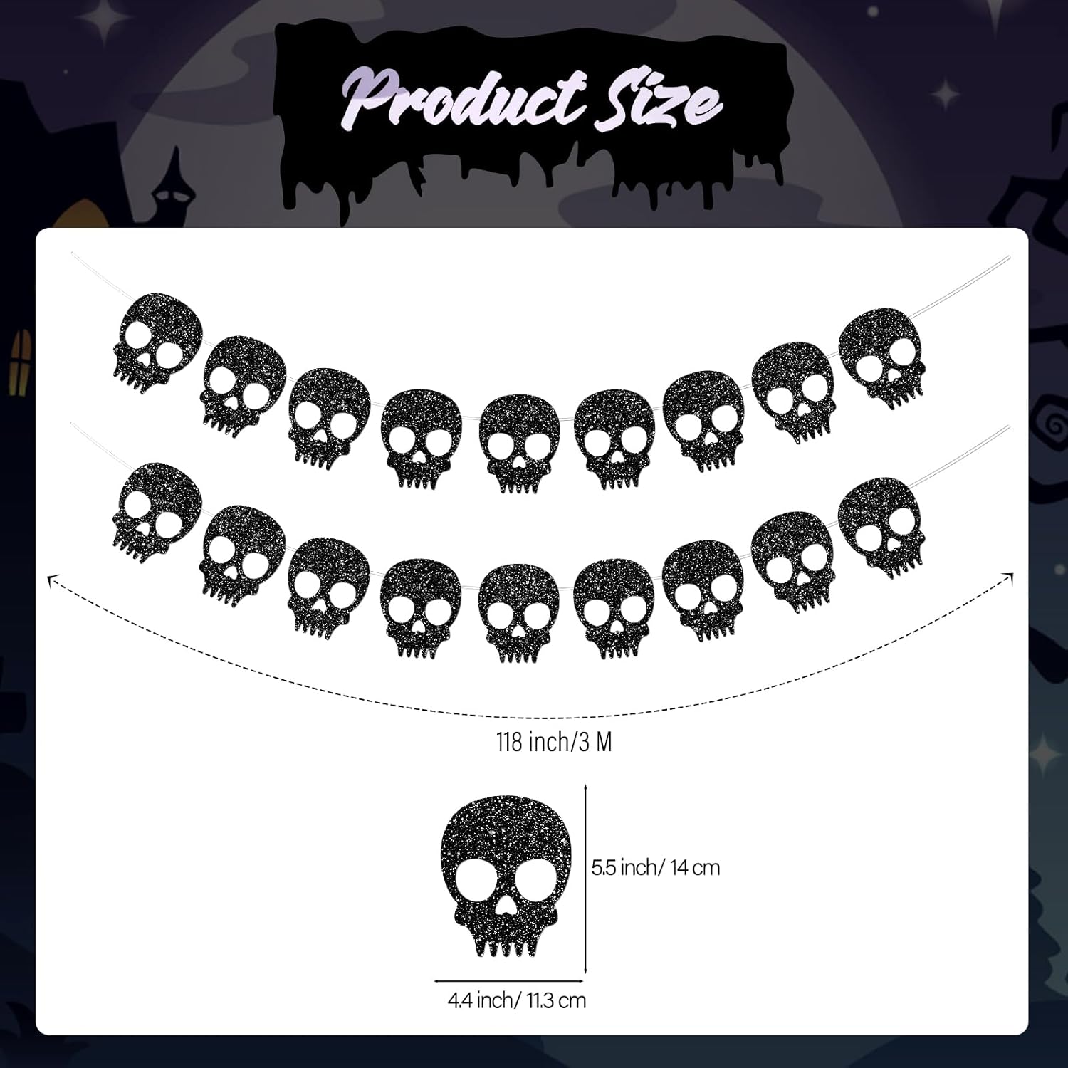 2PC Black Skull Garland for Halloween Party Decorations Glitter Skull Banner for Gothic Birthday Decorations Supplies - Image 3