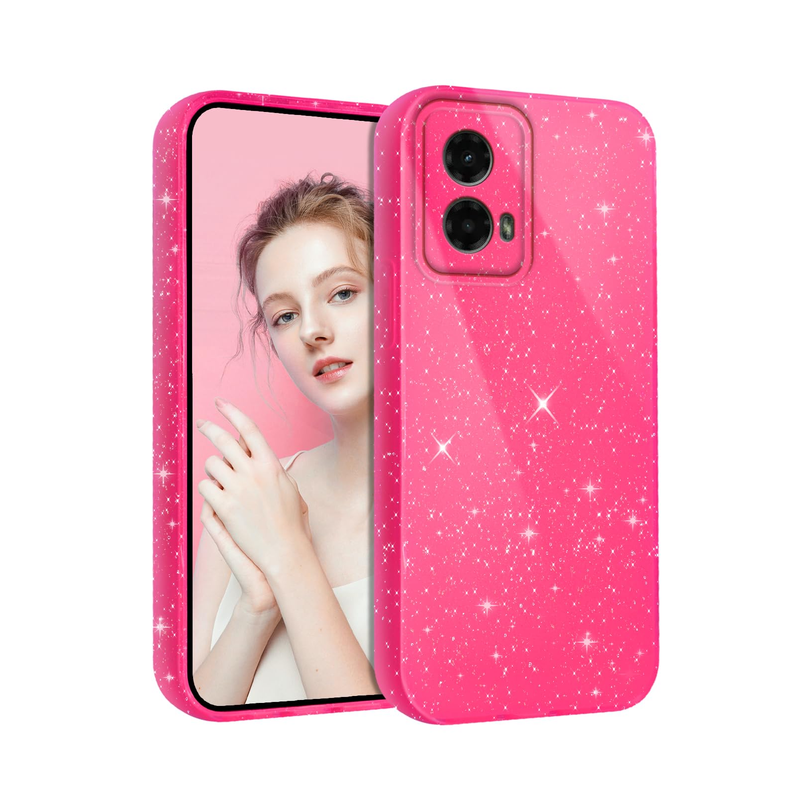 for Moto G 5G 2024 Case Glitter Hot Pink Cute Sparkle Bling Sparkly Case for Girls Girly Women
