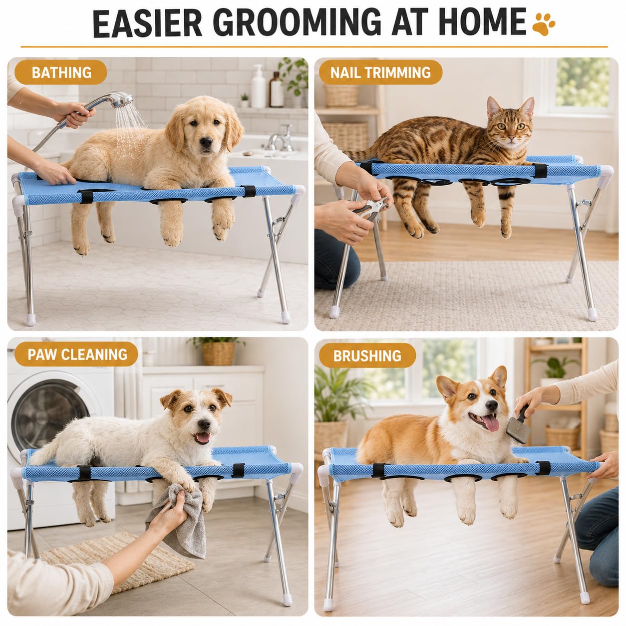 Jeeeun Pet Grooming Hammock with Stand for Cats Small Dogs Dog (Khaki) | Pet Bathing Hammock - 8-Hole Breathable Mesh, Ear Cleaning, Bathing Use, Foldable Design, Secure Strap