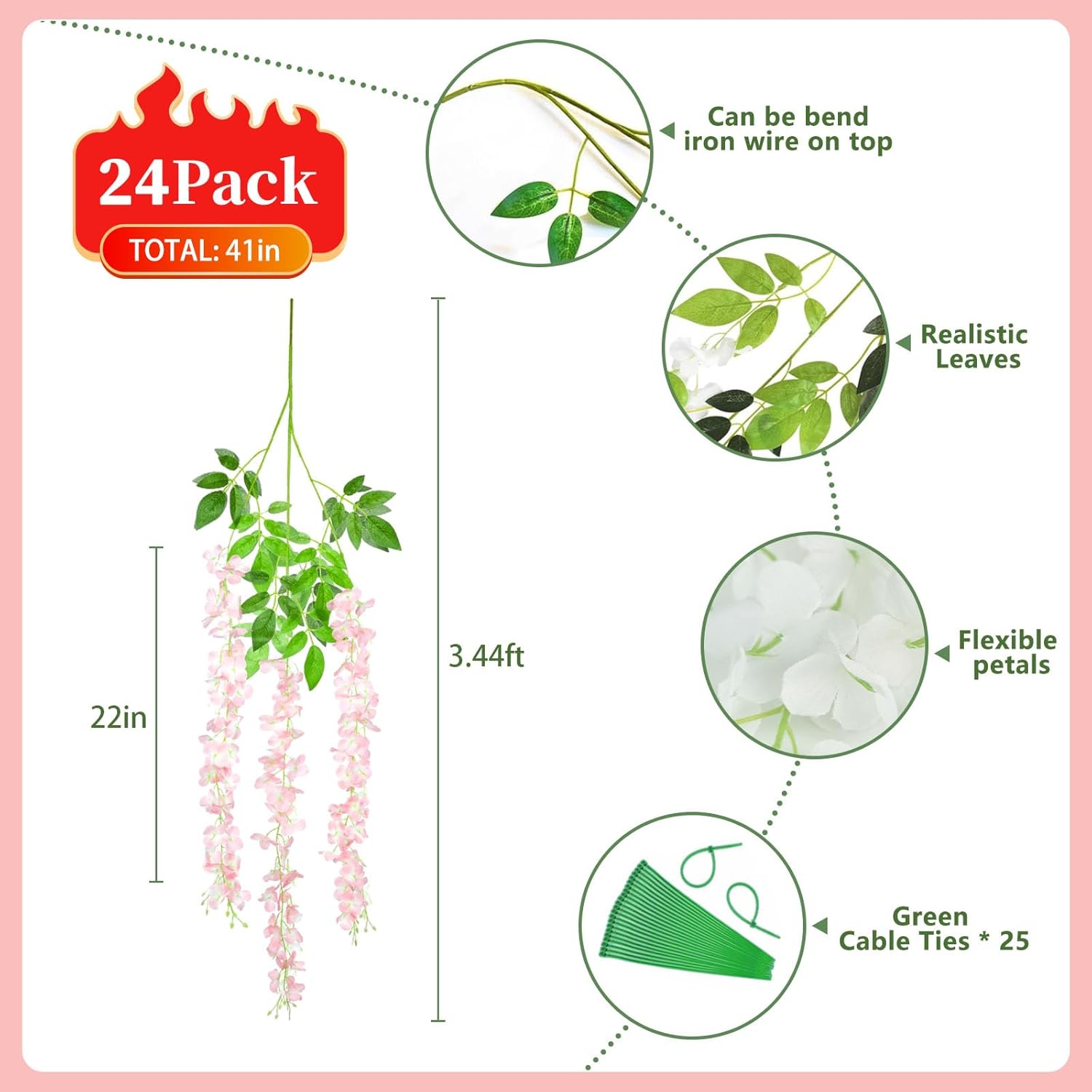24PCS Light Pink Artificial Wisteria Hanging Flowers, 3.44 Ft Fake Hanging Flowers Garland Silk Flowers, Faux Wisteria Garland Vines for Outdoor Yard Garden Patio, Wedding Arch Backdrop Home Decor