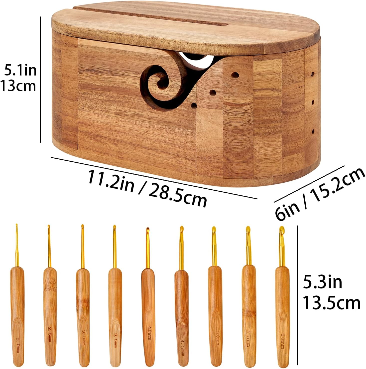 Acacia Wood Yarn Bowl with Lid & Built-in Phone Holder, Includes 9 Crochet Hooks, Yarn Storage Box & Yarn Holder for Crocheting & Knitting, Crochet Accessories, Crochet Gifts 11.2 x 6 x 5 Inches