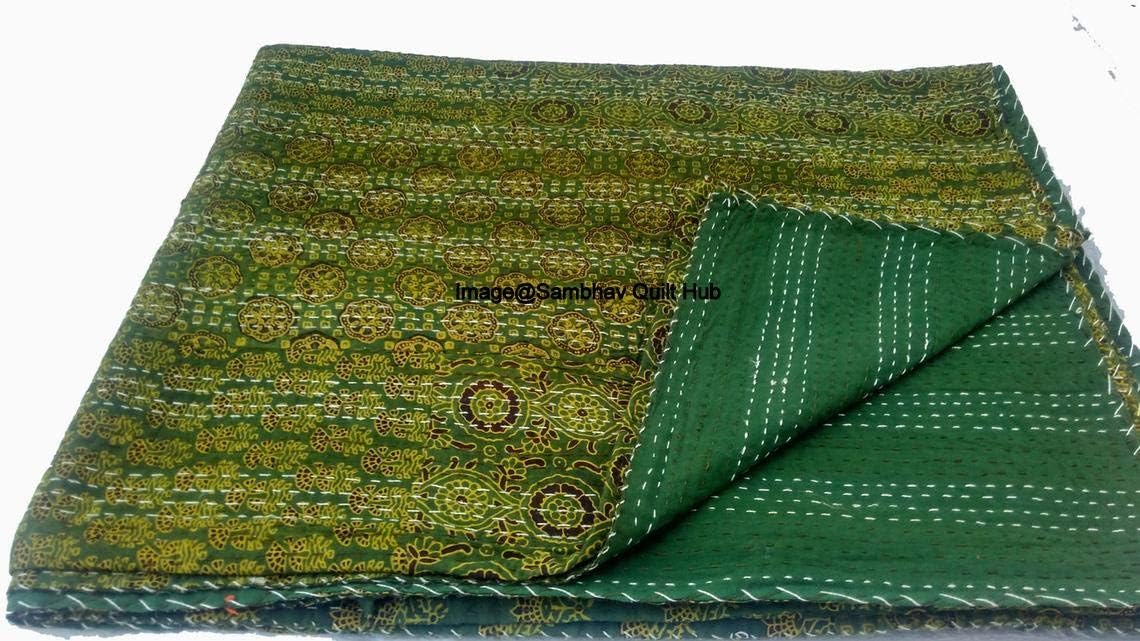 Green Patch Quilting Hippie Kantha Ajarkh Hippie Handmade Queen Size Kantha Bedspread Ajrakh Reversible Hand Stitched Cotton Kantha Quilts Bohemian Floral Kantha Twin/Queen (90X108 inch)