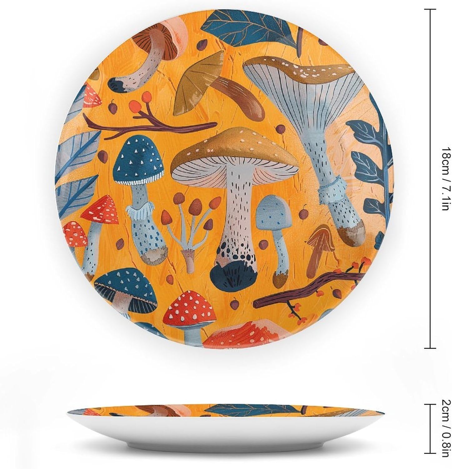 Various Mushrooms Ceramic Plate 10inch Decorative Bone China Wall Hanging Ornament Plates Bohemian Style Dinner Plate with Display Stand Cabinet Display Plates for Home Art Decor