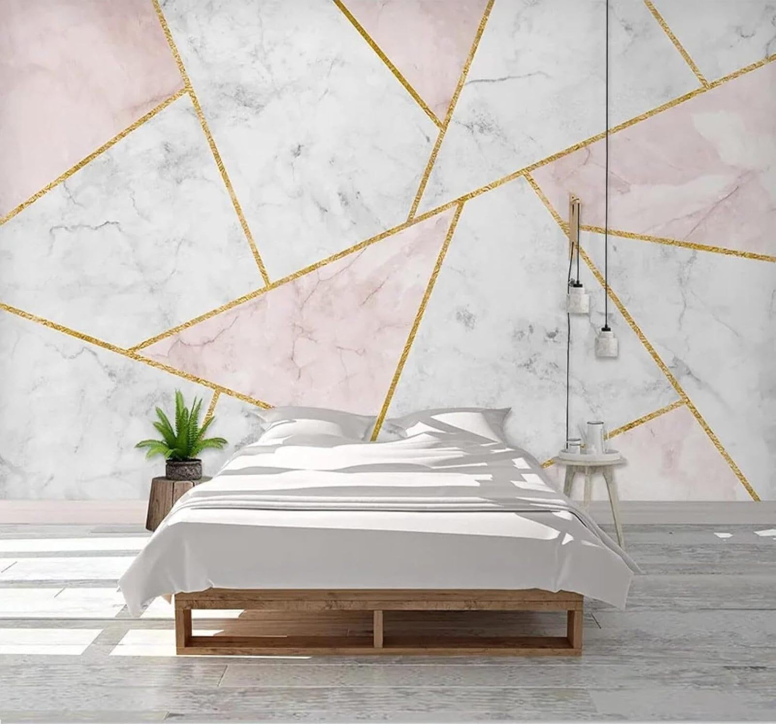 3D Carta Da Parati Astratto Rosa Geometrico Effetto Marmo Fili Dorati