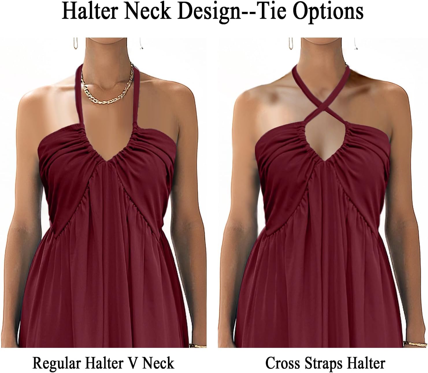 Maxi Dresses for Women Sexy Halter V Neck Backless Smocked High Waisted A Line Beach Vacation Sundress - Image 5