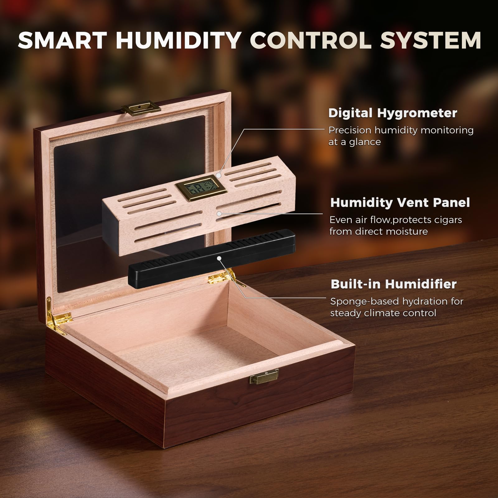 ProCase Cave à Cigares avec Hygromètre Numérique et Humidificateur, Boîte à Cigares avec Intérieur en Bois de Cèdre pour 20 à 25 pcs, Humidor Idéal pour Homme Amateur de Cigares Cubains -M