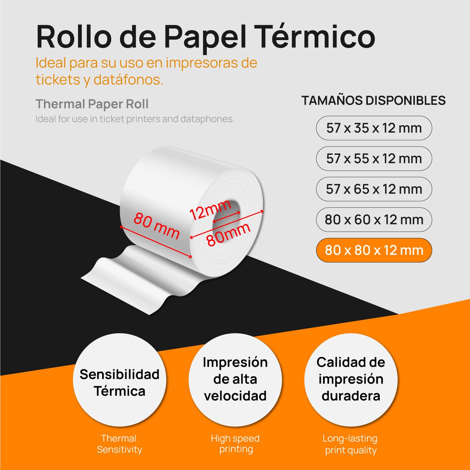 Rollo Termico, Rollos de Papel Termico, Papel Termico para tpv Tactil Hosteleria, Caja Registradora, Impresora Tickets, Rollo Papel Blanco para Datofono e Impresora, tamaño 80x80x12 - SIDI (8 unds)