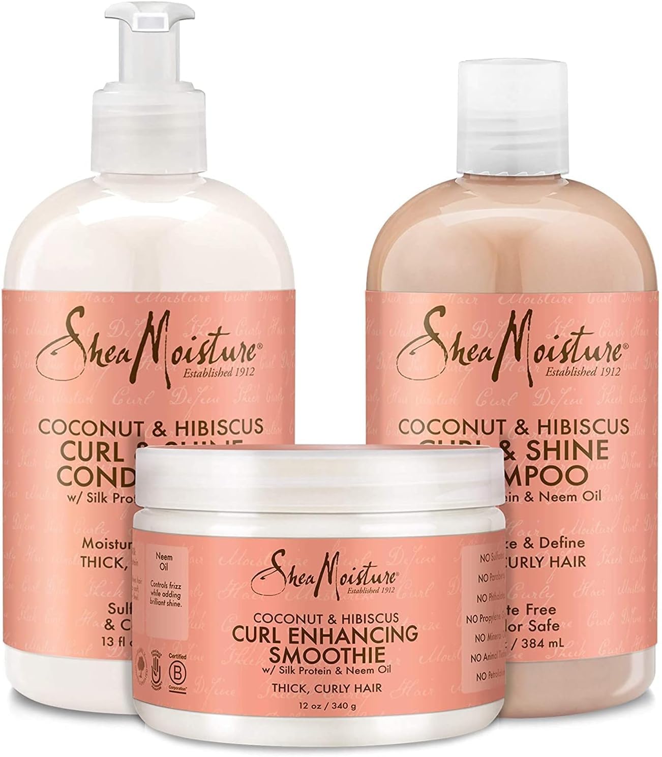 Shea Moisture Coconut & Hibiscus Curl TRIO: Includes Curl & Shine Shampoo, Conditioner, and Curl Enhancing Smoothie