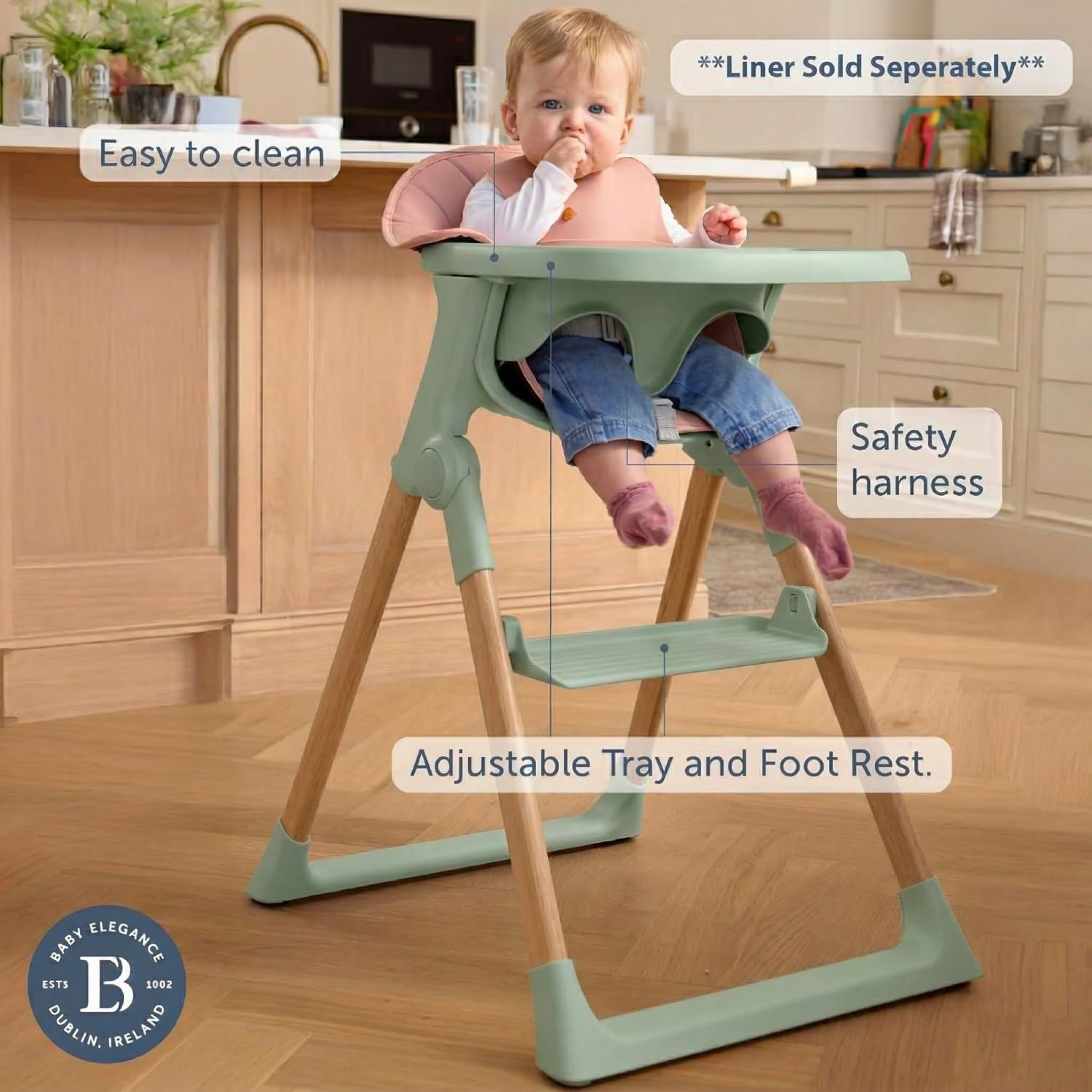 Mash - Trona de Baby Elegance | Trona salvia para bebés y niños pequeños con reposapiés ajustable, bandeja extraíble y almohadilla de asiento | Plegable y portátil