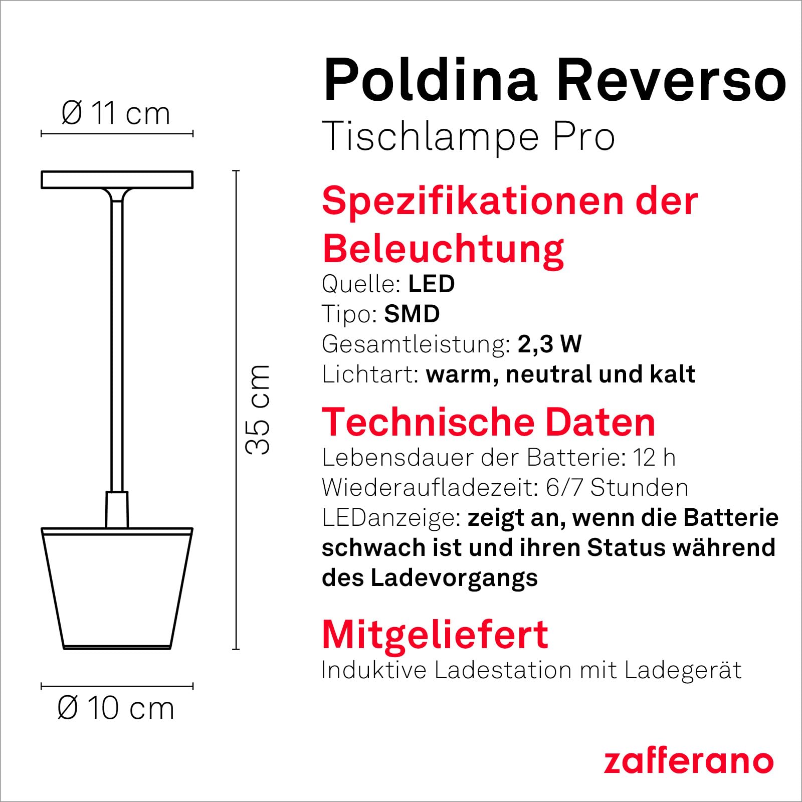 Zafferano, Poldina Reverso Lampe, Wiederaufladbare und Kabellose Tischlampe mit Touch Control, Geeignet für den Innen- und Außenbereich, Dimmer, 2200-3000 K, Höhe 35 cm, Farbe Salbei