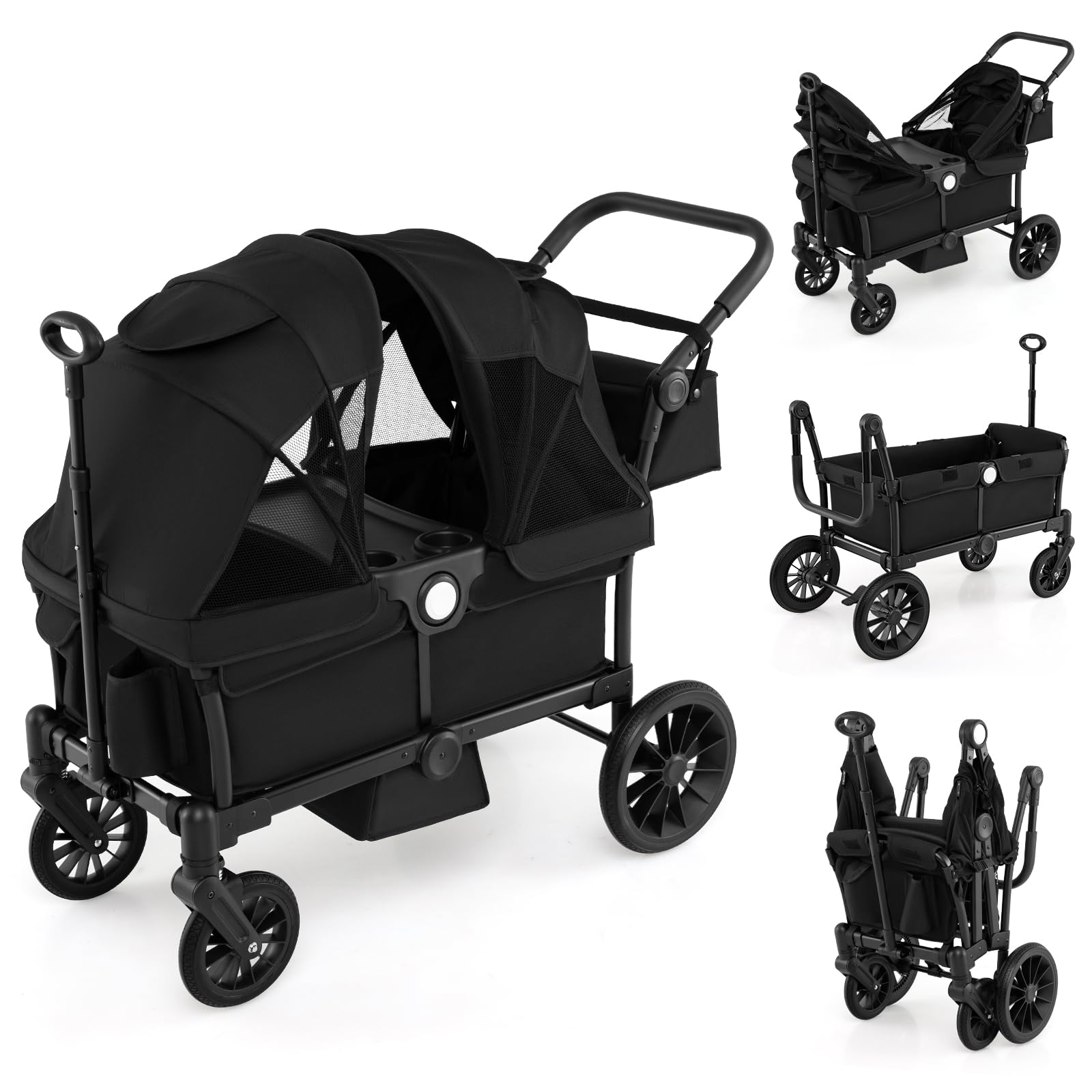 HONEY JOY Wagon Stroller for 2 Kids, 2 Seater Toddler Quad Stroller Wagon, Adjustable Push/Pull Handle Bar, Drop-Down Footwell & Upholstered Seats,