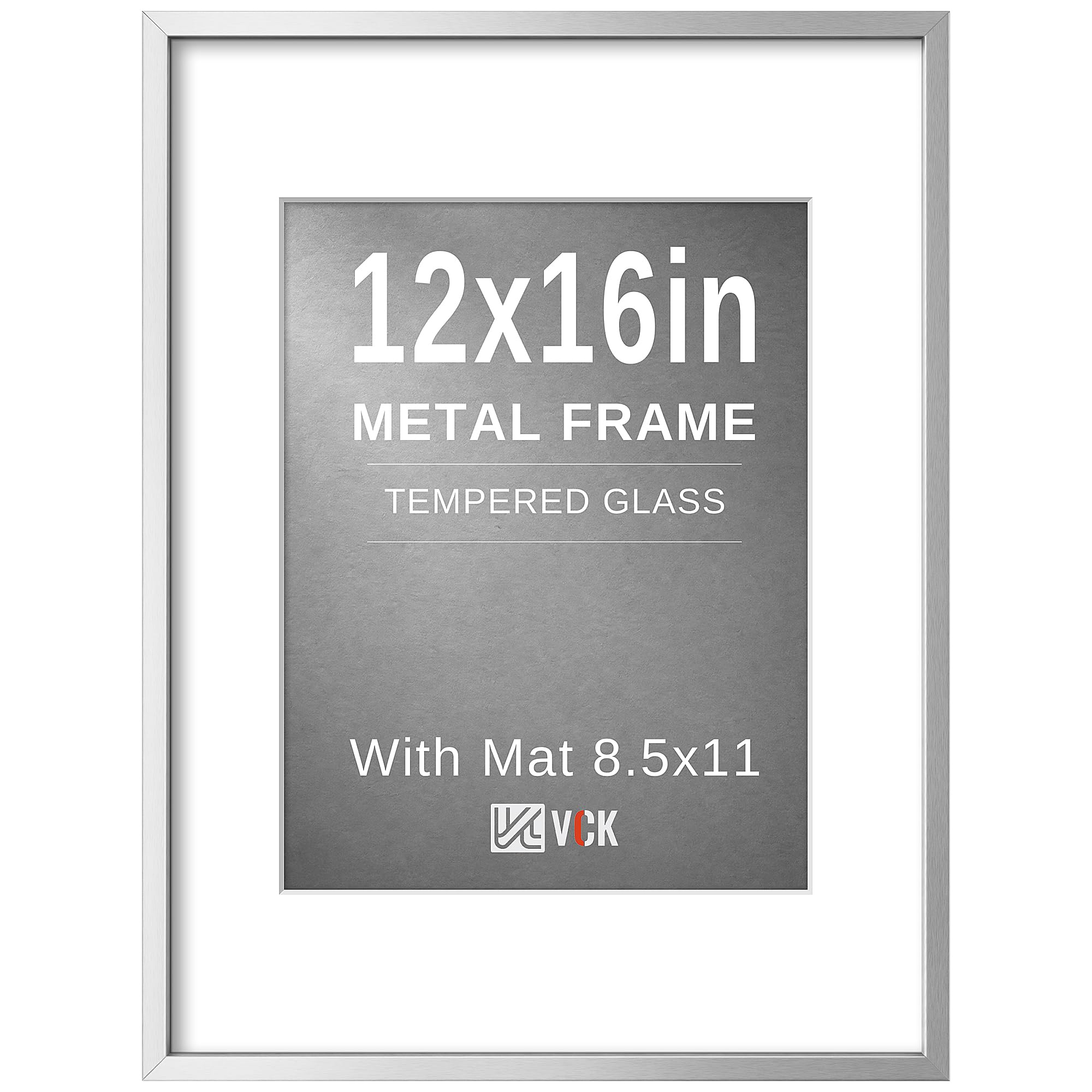 VCK 12x16 Frame Silver Metal, Real Glass, 8.5x11 Mat, for Picture