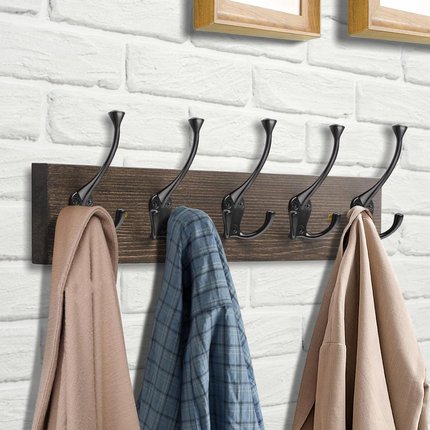 IBosins 2 Pack Coat Rack Wall Mount, 17'' Old Wood Color Coat Hanger, Rustic Wooden Metal Coat Hooks Rail for Entryway Living Room Coat Jacket Scarf Bag Towel Hat - Image 3
