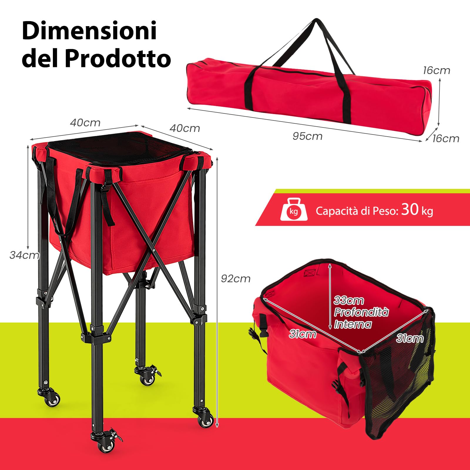 COSTWAY Carrello Porta Palline da Tennis, Carrello da Tennis Pieghevole in Alluminio con Ruote Frenate, Borsa Rimovibile Tasche Laterali, Borsa per Il Trasporto, Max 150 Palline Tennis