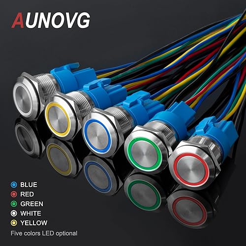 Miniatura 2 de AUNOVG Interruptor de botón con pestillo de 0.866 pulgadas, 12 V, fácil instalación, interruptor de luz de botón, múltiples opciones de cableado