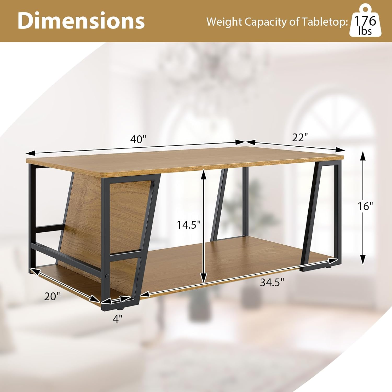 Giantex Modern Coffee Table with Storage, 2-Tier Rustic Wood Center Table with Shelf, Compartment, Metal Frame, Rectangular Geometric Living Room Table for Apartment (Oak)