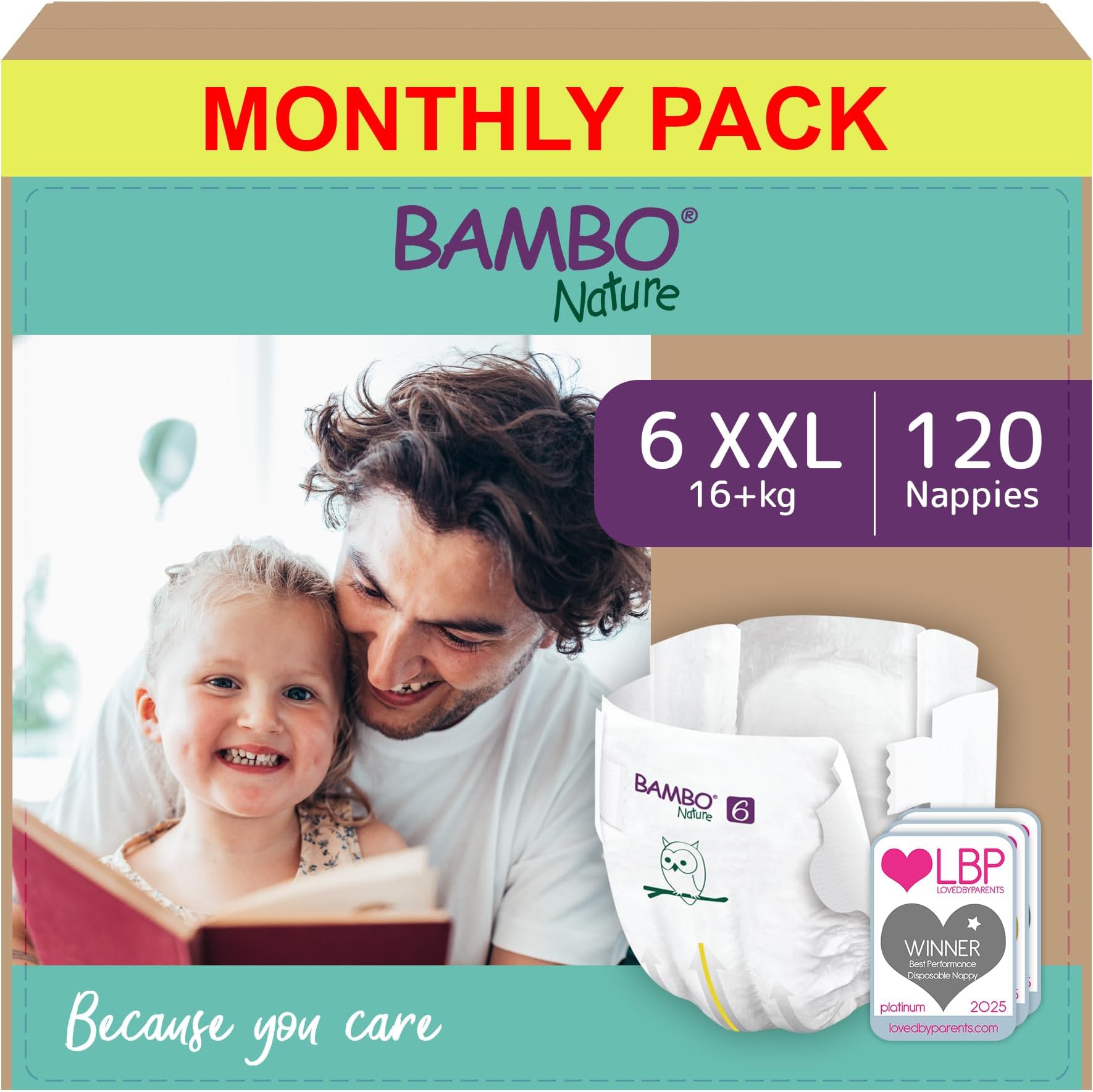 Bambo Nature Premium Eco Nappies, Size 6 (35+ lb/16+ kg), XXL, 120PK, Eco-Labelled, Enhanced Leakage Protection, Secure and Comfortable Baby Nappy