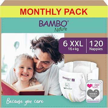 Bambo Nature Premium Eco Nappies, Size 6 35+ lb/16+ kg, XXL, 120PK, Eco-Labelled , Enhanced Leakage Protection, Secure and Comfortable Baby Nappy