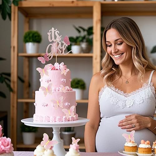 Miniatura 6 de ALISSAR Decoración de pastel de doble cara de oro rosa con texto en inglés "It's A Girl" con mariposa 3D hecha a mano para decoración de fiesta de
