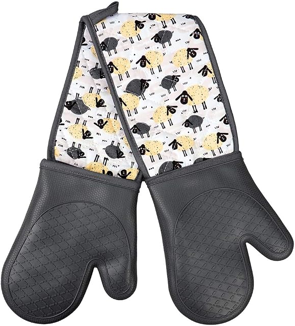 Sheep Design Heat Resistant Silicone Double Oven Glove Mitts with 500F degrees,Silcone and Cotton , Oven Gloves Safe Cooking Baking, Grilling, Barbecue, Machine Washable