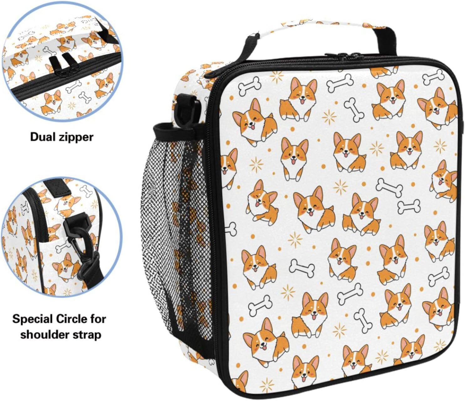 Pfrewn Corgi Dog Lunch Box Yellow Puppies Insulated Lunch Bag Cute Star Dogs Bone Reusable Cooler Meal Prep Bags Lunch Tote with Shoulder Strap for Office Adults School Kids Girls Boys Teens