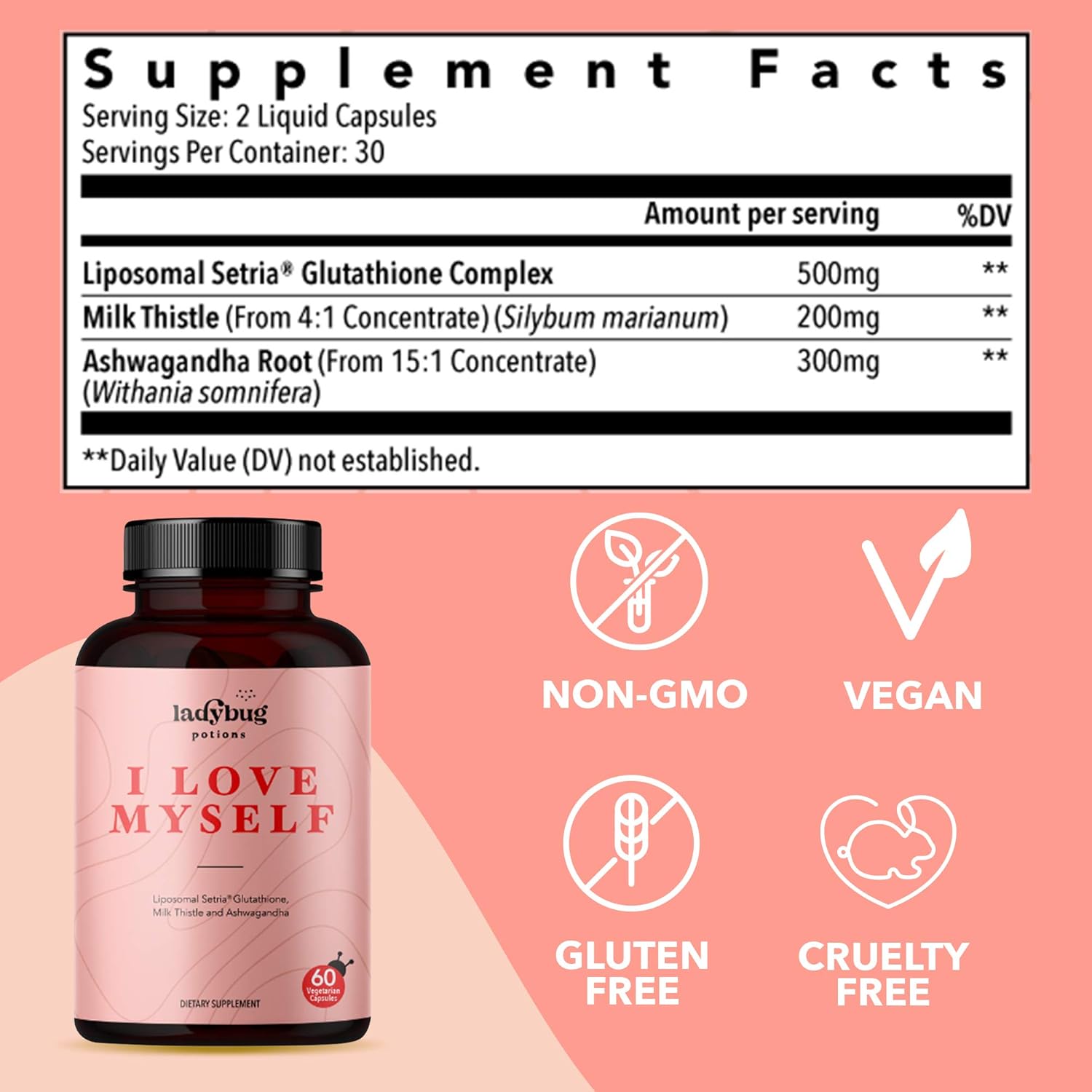 I Love Myself Liposomal Glutathione Supplement with Milk Thistle Extract and Ashwagandha Root, Powerful Antioxidant, Anti Stress, and Liver Detox Blend, 60 Vegan Capsules - Ladybug Potions : Health & Household