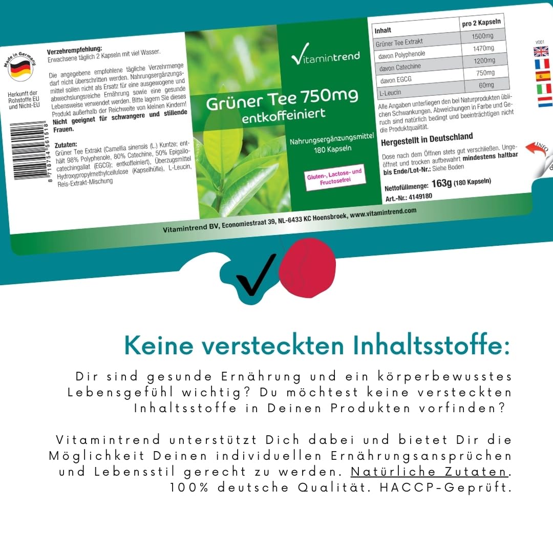 Vitamintrend Grüner Tee Extrakt 750mg, 180 Kapseln, hochdosiert mit 98% Polyphenolen, Nahrungsergänzungsmittel vegan ohne Magnesiumstearat, in Deutschland hergestellt