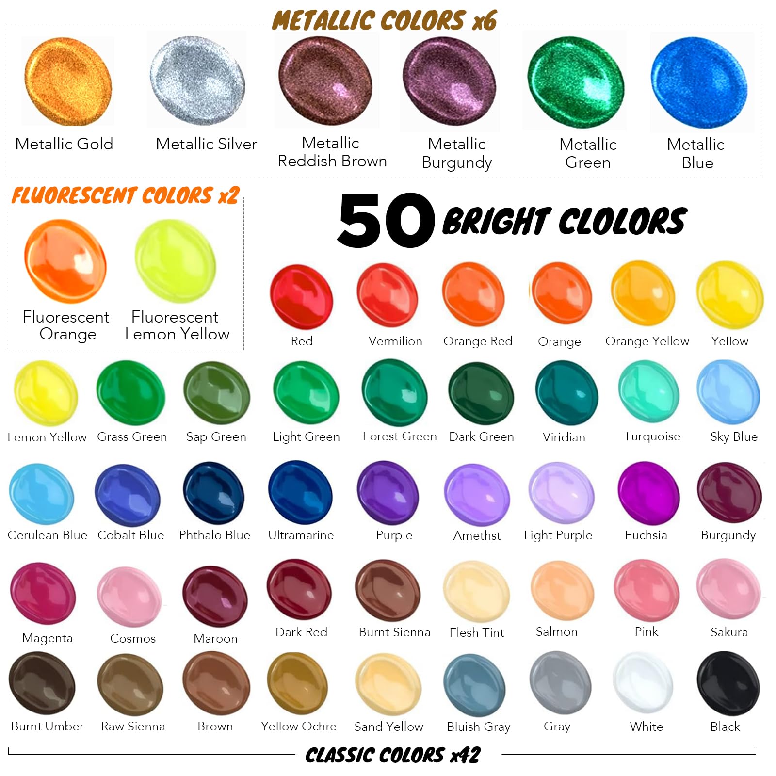 Halobios Lot de 50 peintures acryliques de qualité supérieure pour enfants et adultes, avec couleurs fluorescentes et couleurs métalliques pour peinture, dessin et fournitures d'art, loisirs créatifs