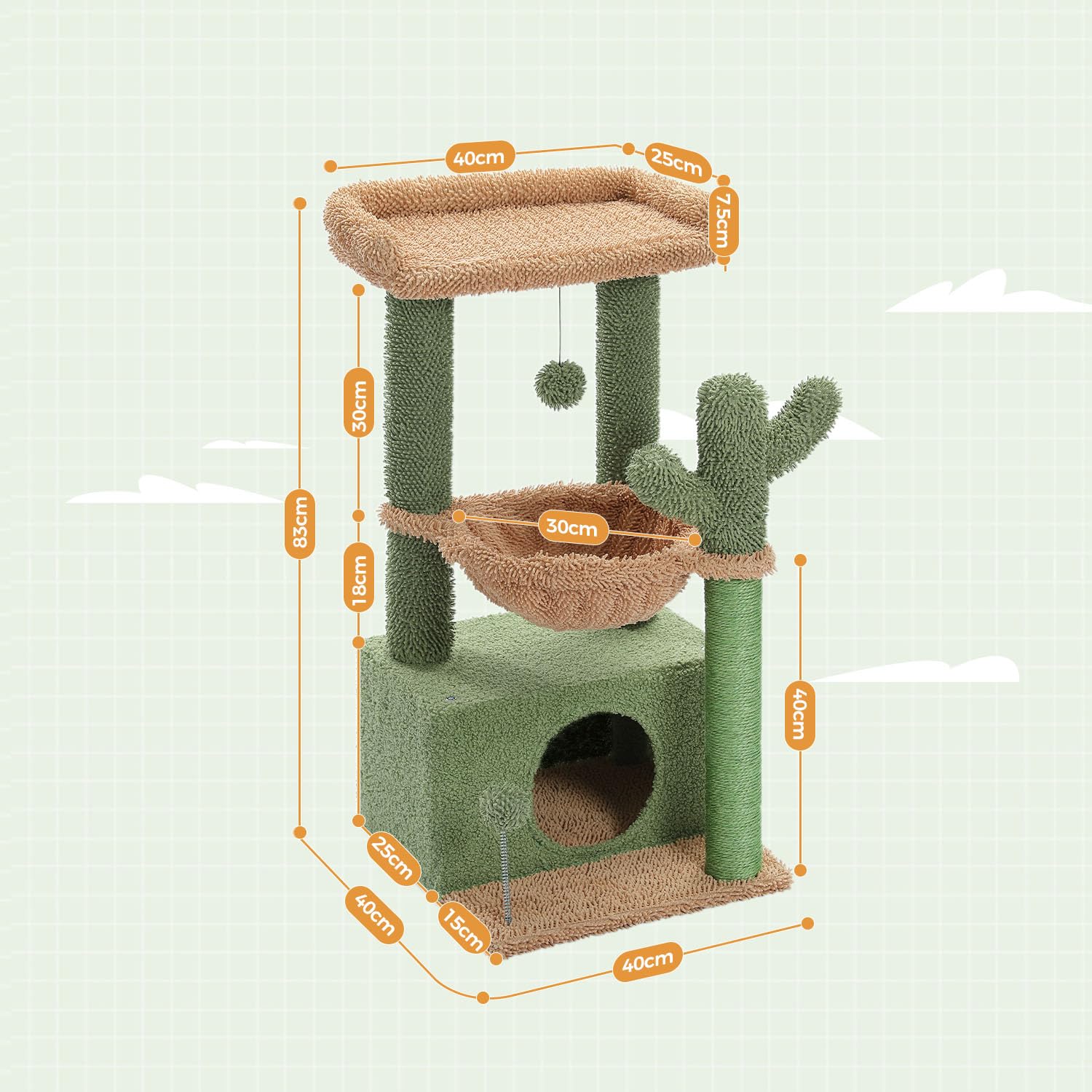 4-in-1 84 cm Cactus Cat Tree, 33''Cat Tower for Indoor Cats with Large Cat Condo, Cat Scratching Post for Cats with Deep Hammock& Cozy Top Perch, Green