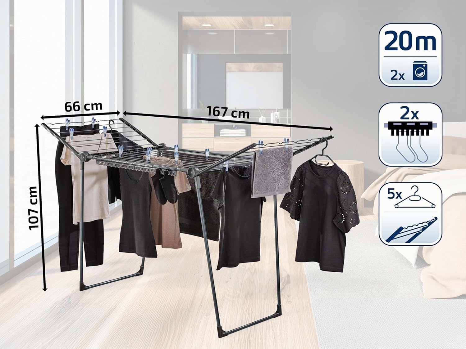 Leifheit Stendibiancheria Pegasus 200 Solid Black, 20 m Pieghevole | Alette laterali alte 107 cm per capi lunghi, 5 grucce antivento, 2 supporti piccoli capi, uso interno ed esterno