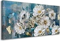 Arjun Textured Magnolia Flower Canvas Wall Art 48x24 Teal White Elegant Bedroom Living Room Decor Ready to Hang