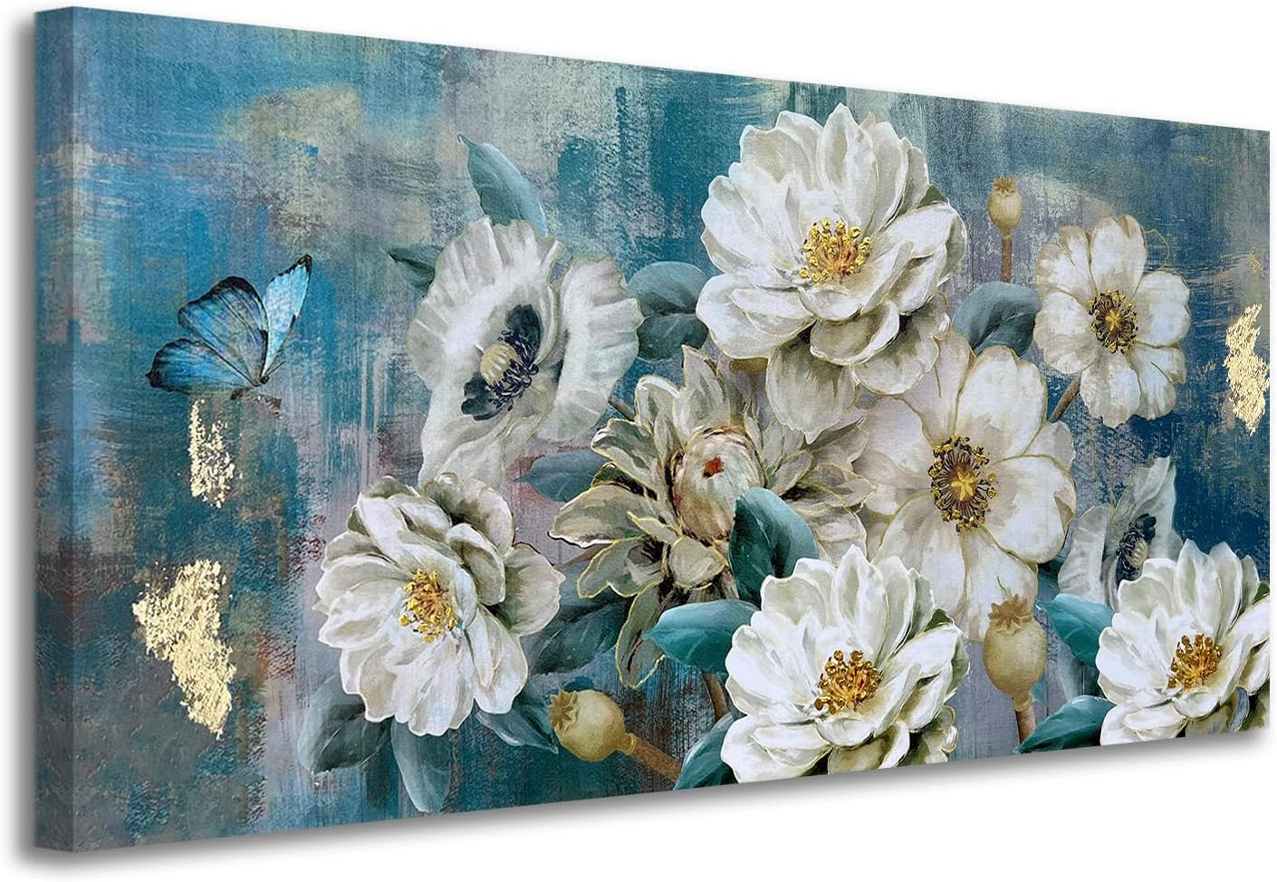 Arjun Big Size Flower Canvas Wall Art for Bedroom, White Elegant Teal Large Picture Textured Floral Magnolia Aesthetic Painting Living Room Wall Decor Turquoise Artwork Home Office 58"x29"