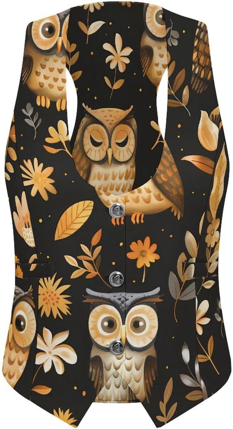 Cute Owls And Leaves Women's Tuxedo Waistcoat Suit Vest | 3 Button V-Neck Slim Fit Casual Sleeveless Top
