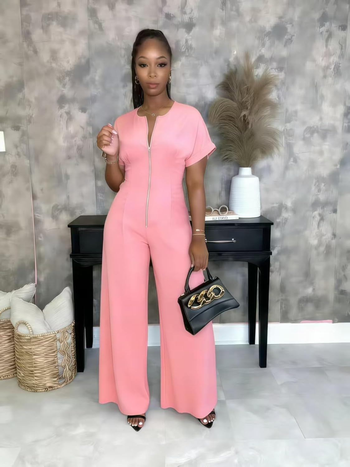 YUEWOO Jumpsuits for Women Sexy Zip Up Short Sleeve Casual Wide Leg Long Pants Rompers One Piece Jumpsuit Summer Club Outfits
