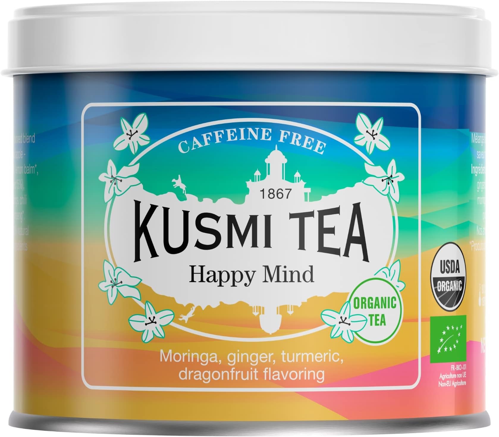 Happy Mind - Organic Herbal Tea with Dragon Fruit, Turmeric, Apple, Chili Pepper, Moringa, Lemon & Ginger - Caffeine Free - Loose Leaf Tea - Tin Box of 3.5 oz - Quantity for about 50 cups