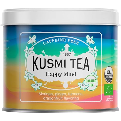 Kusmi Tea - Happy Mind - Organic Herbal Tea with Dragon Fruit, Turmeric, Apple, Chili Pepper, Moringa, Lemon & Ginger - Caffeine Free - Loose Leaf Tea - Tin Box of 3.5 oz - Quantity for about 50 cups