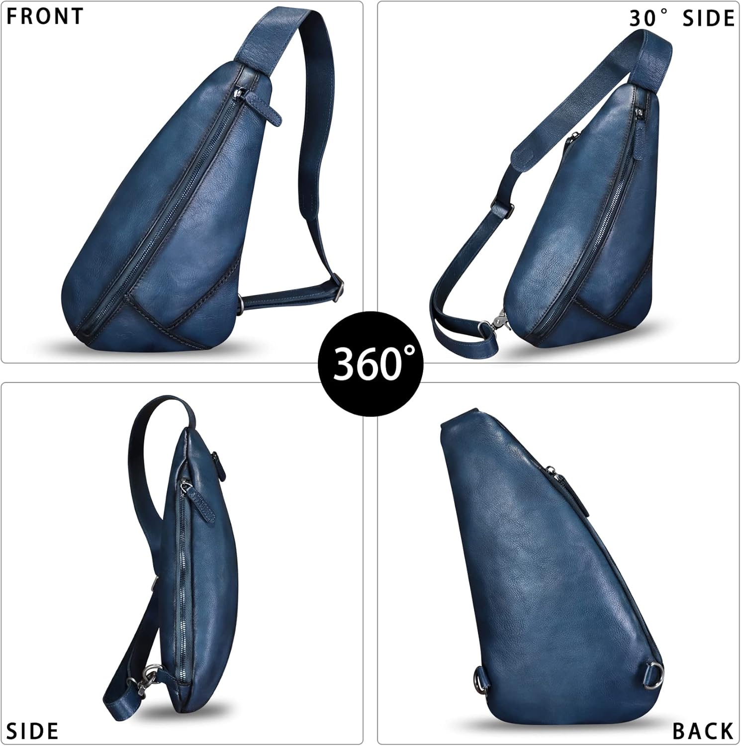 Genuine Leather Sling Bag Handmade Retro Crossbody Sling Backpack Purse Hiking Daypack Motorcycle Chest Shoulder Fanny Pack (Blue) - Image 2