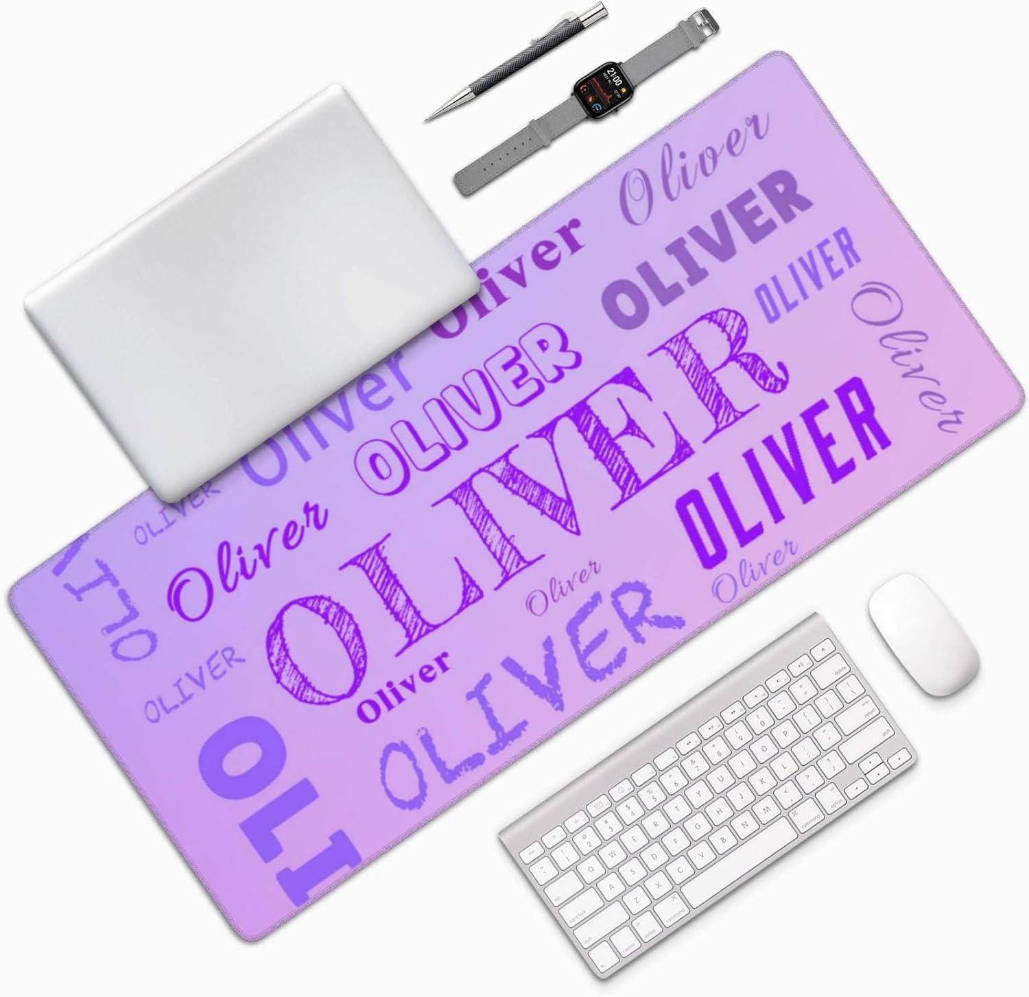 Purple Pink Custom Mouse Pad Personalized Rectangle Gaming Mousepad with Photo Name Text Non-Slip Rubber Laptop Desk Mat Customized Waterproof Game Computer Keyboard Pad for Office, 15.7x35.4 Inch