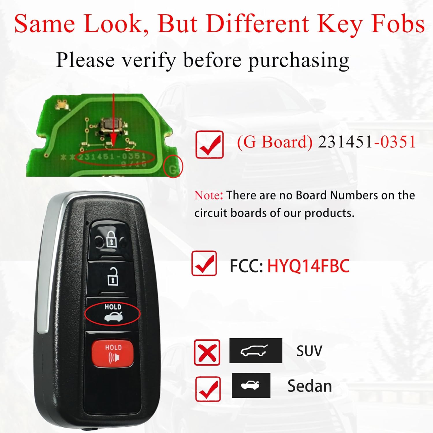 MechanMagic Smart Key Fob Replacement Fits for Toyota Camry 2018 2019 2020 2021 2022 2023 2024 Keyless Entry Remote Control FCC ID: HYQ14FBC Board: 231451-0351 PN:8990H-0E020 89904-06220 315MHz