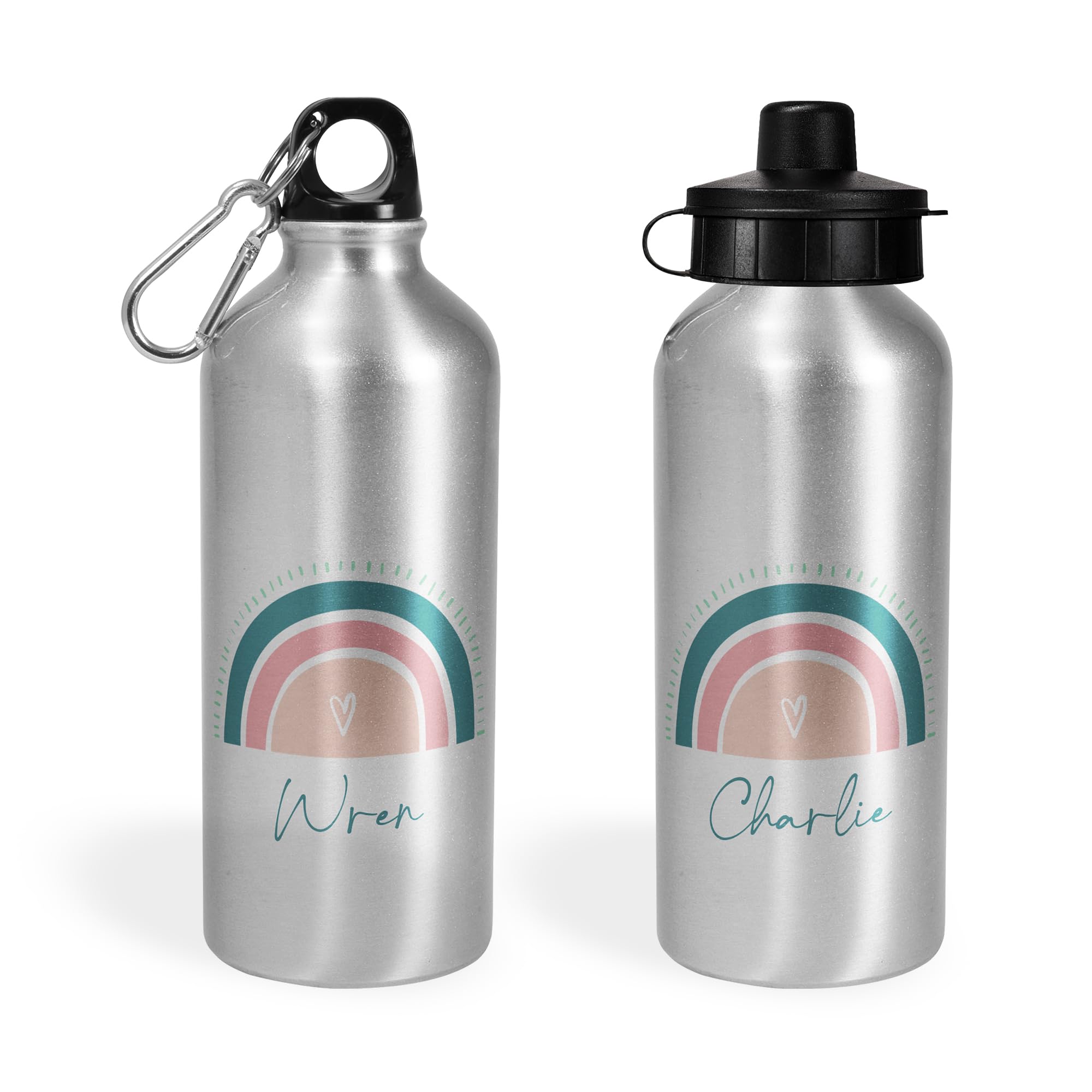 Print Maniacs Personalised Water Bottle School Sport Cap Drink White Silver 600ml or 400ml Aluminium Kid Boys Girls Biking Gift Boho Rainbow (Silver, 600ml)