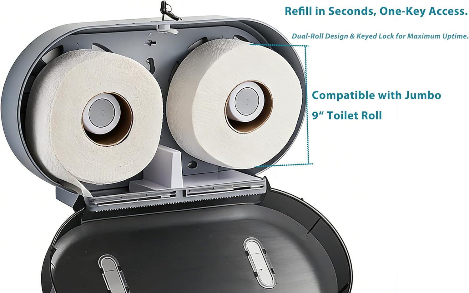 Twin Jumbo Toilet Roll Dispenser: Double 9 Inch Paper Holder Wall Mount with Key Lock for Commercial Office & Public Restrooms, Design by Modunful MD-902-Black